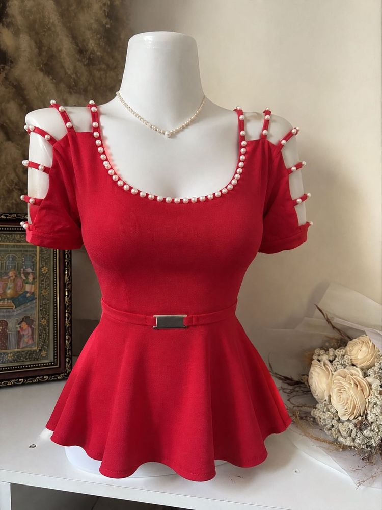 Red Peplum Cute Korean Top with Pearl Detail