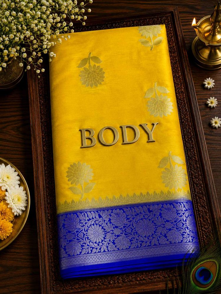 Vibrant Yellow Mashru Silk Saree with Blue Border