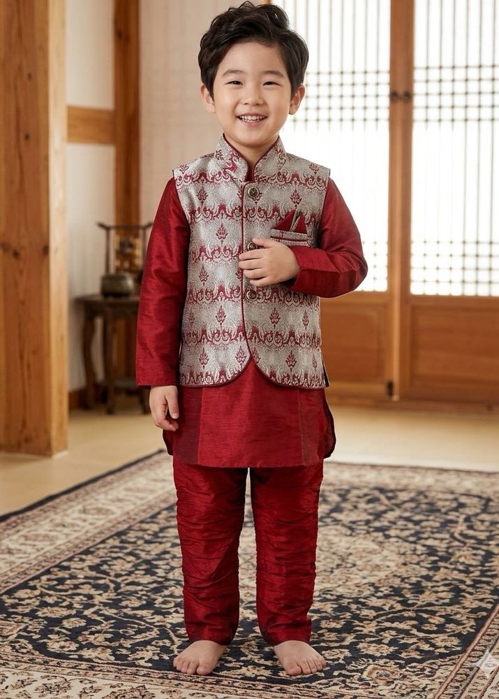 Boys' Festive red Kurta Set with nehru jacket