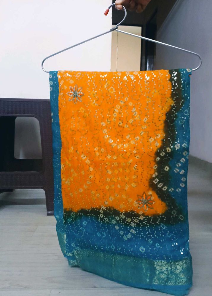 Orange and blue bandhani print saree with sequin w