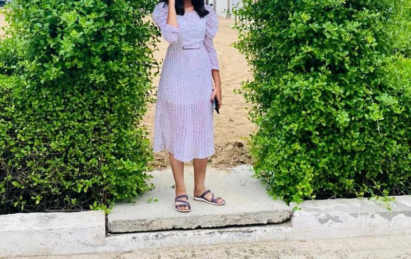 Floral Midi Dress with Belt Design