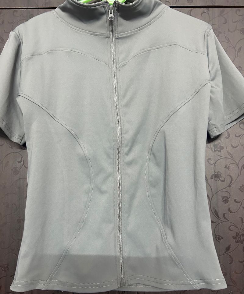Grey Zip-Up Short Sleeve Top