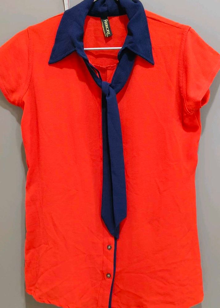 Vibrant Red Top with Navy Blue Collar &amp; Tie