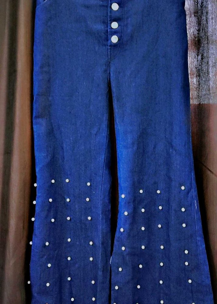 Pearl-Embellished Wide-Leg Jeans