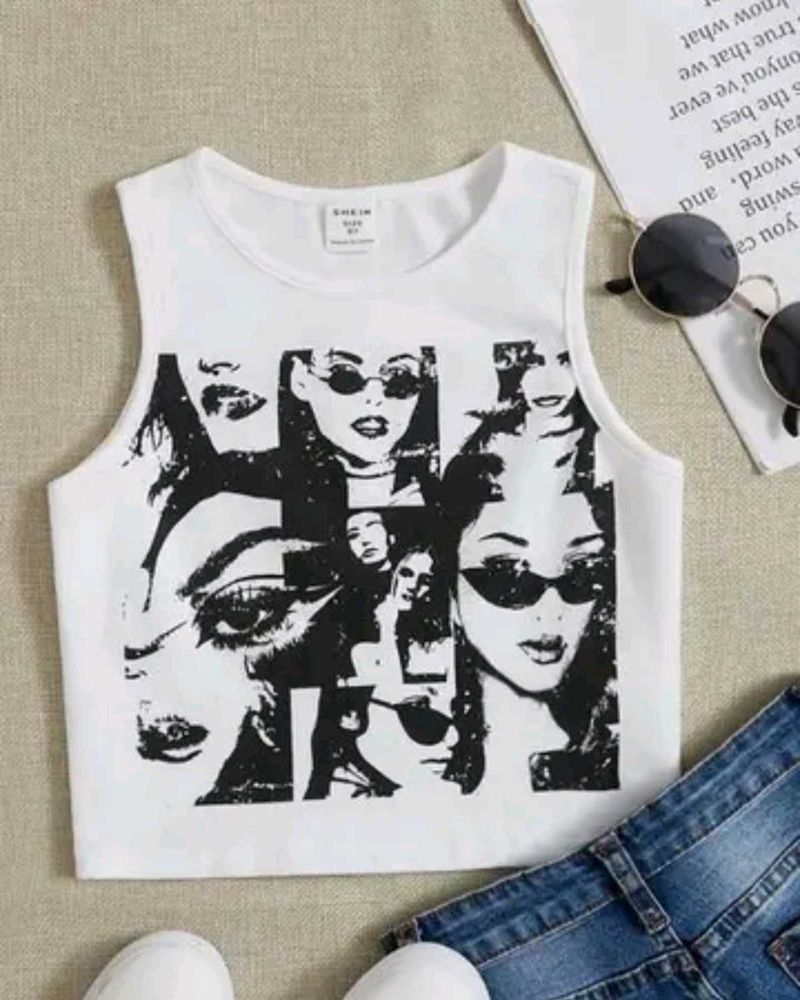Graphic Print White Crop Top