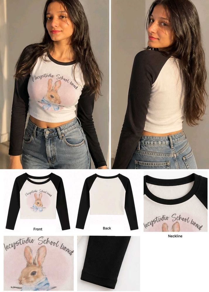 Cute Bunny Graphic Long Sleeve Crop Top
