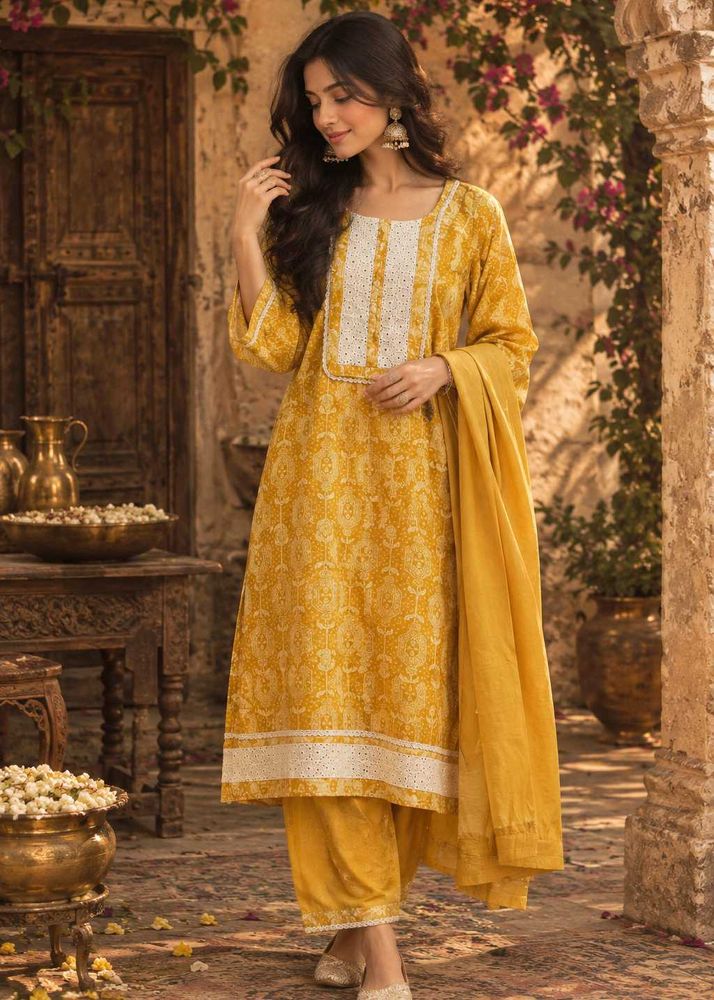 🇳🇿💫🎀Elegant Yellow Printed cotton Kurta Set