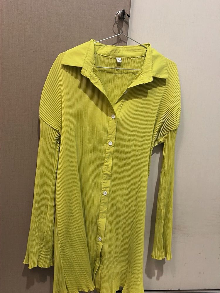 Pleated Lime Green Button-Up Tunic