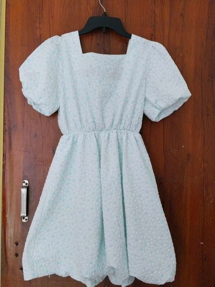 Light Blue Textured Puff Sleeve Dress