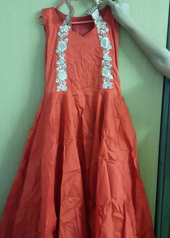 Vibrant Orange Floral Embroidered Maxi Dress