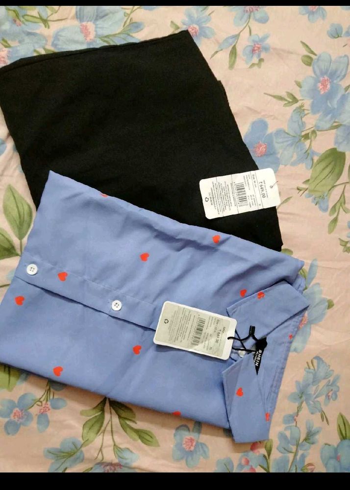 3 product...Blue Heart Print Button-Up Shirt. and