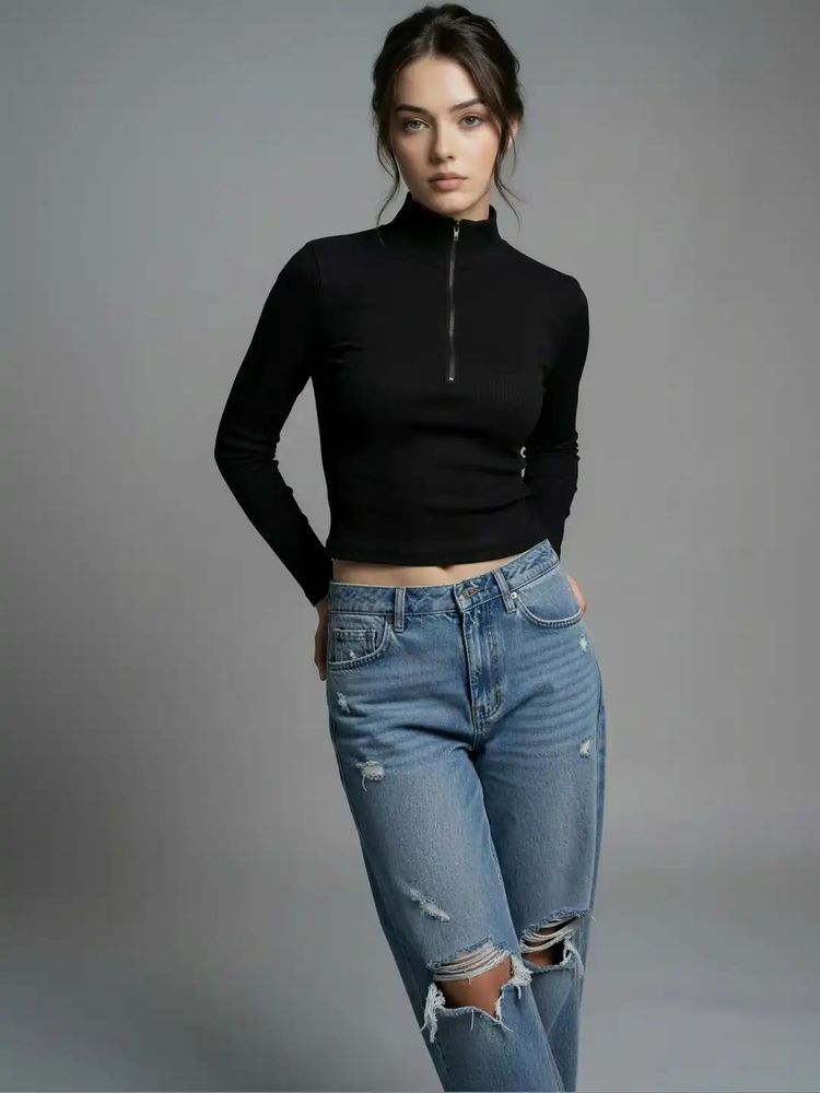Black Mock Neck Zipper Top(S)