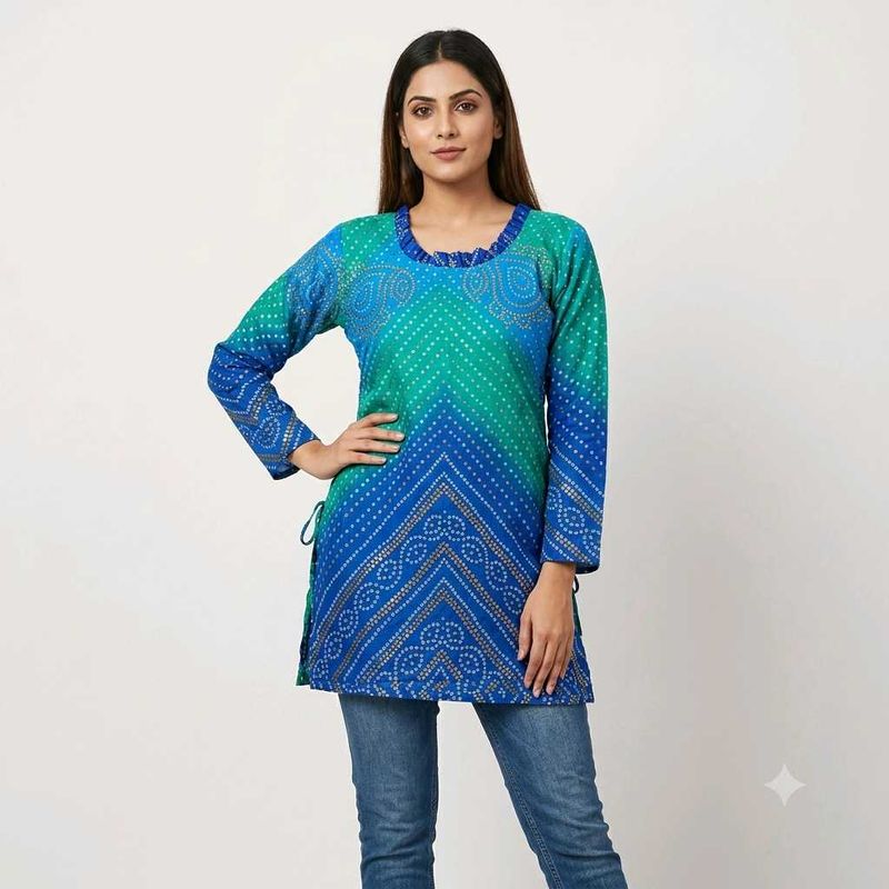 Blue &amp; Green Bandhani Print Kurta