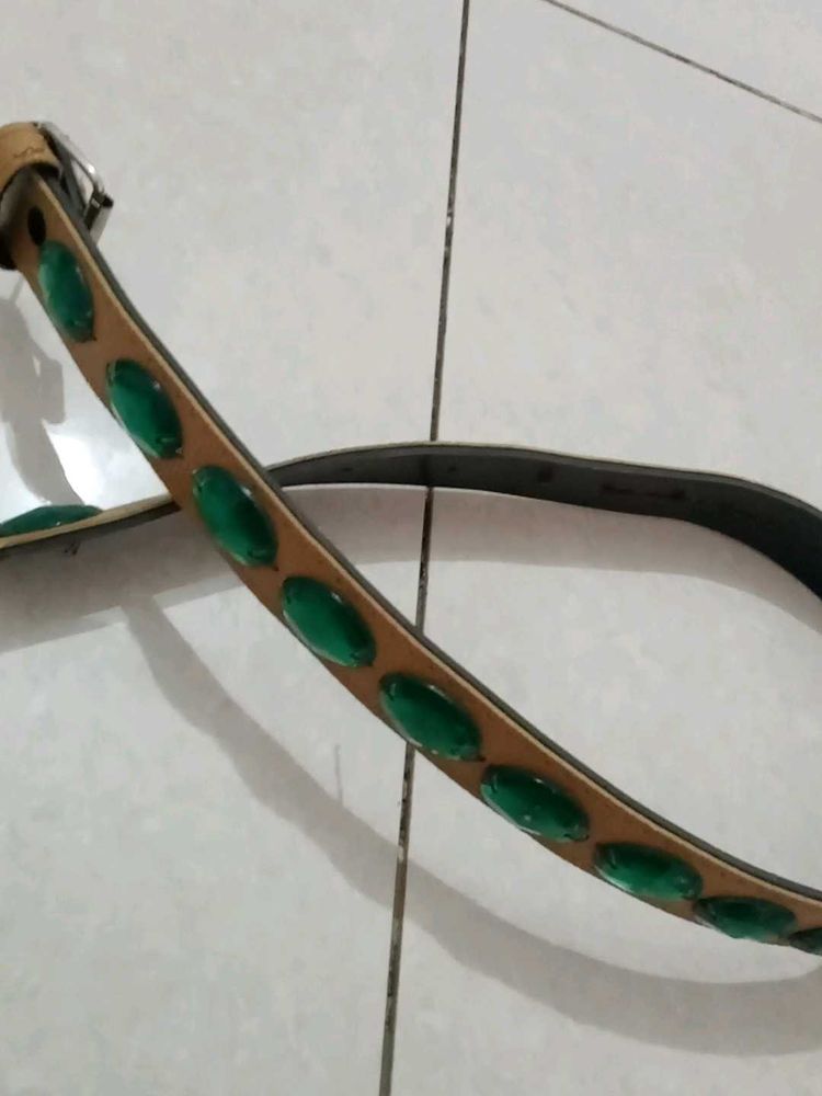 Brown Leather Belt with Green Jewels