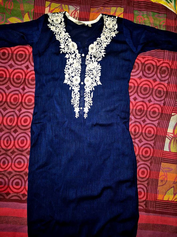 Stylish Blue Kurta with White Embroidery
