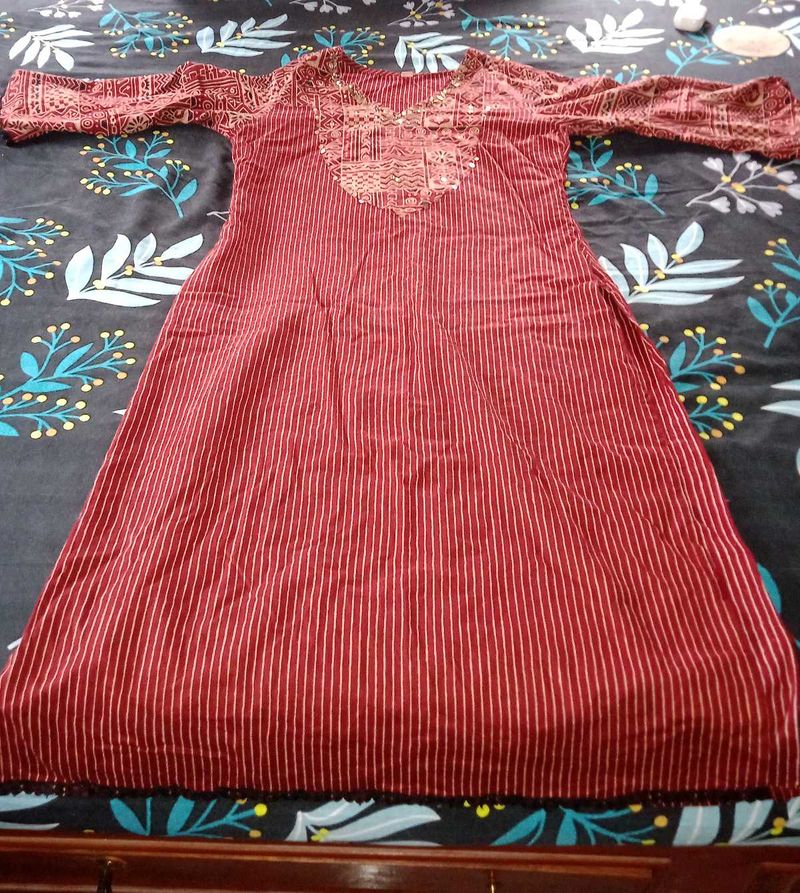 Red Striped Kurta with Neck Embroidery