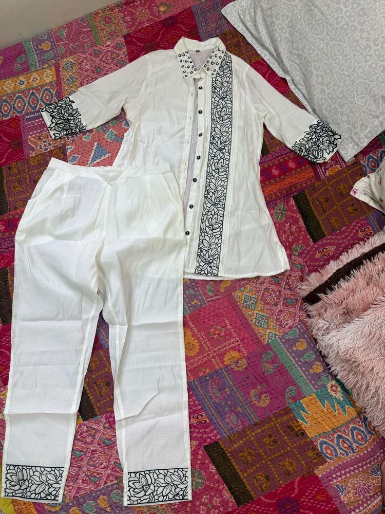 White Embroidered Pant Suit