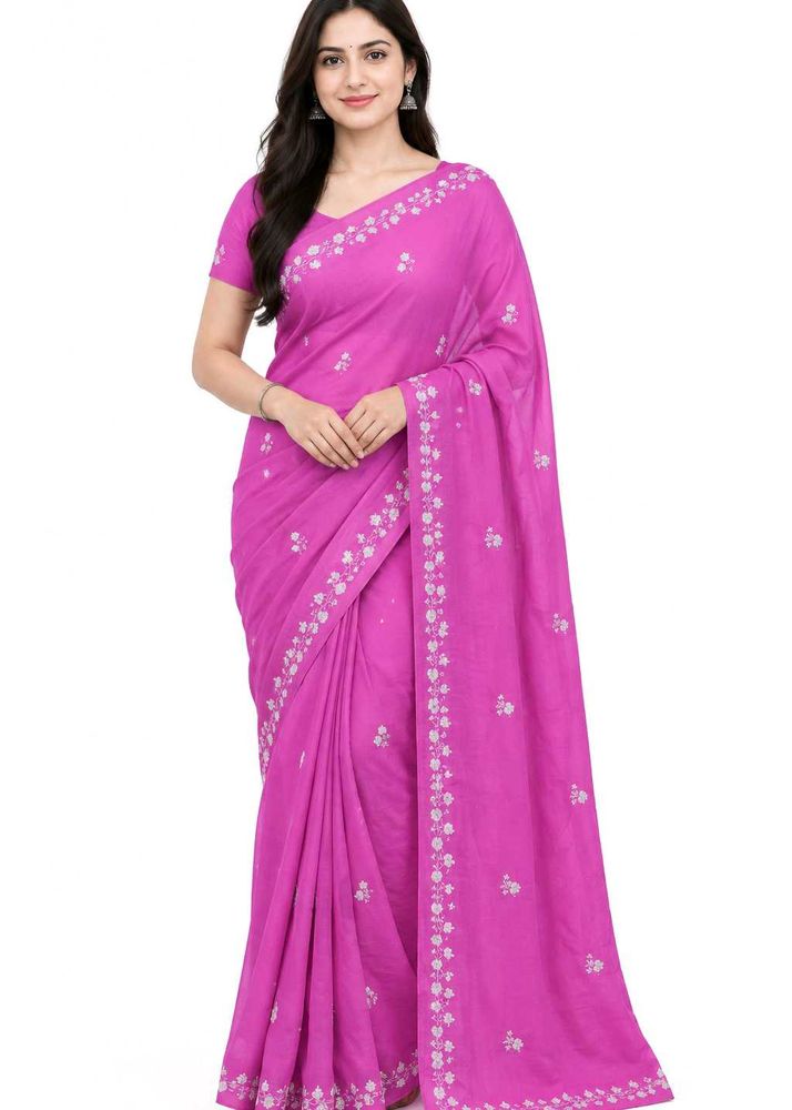 Embroidered Pink Cotton Saree