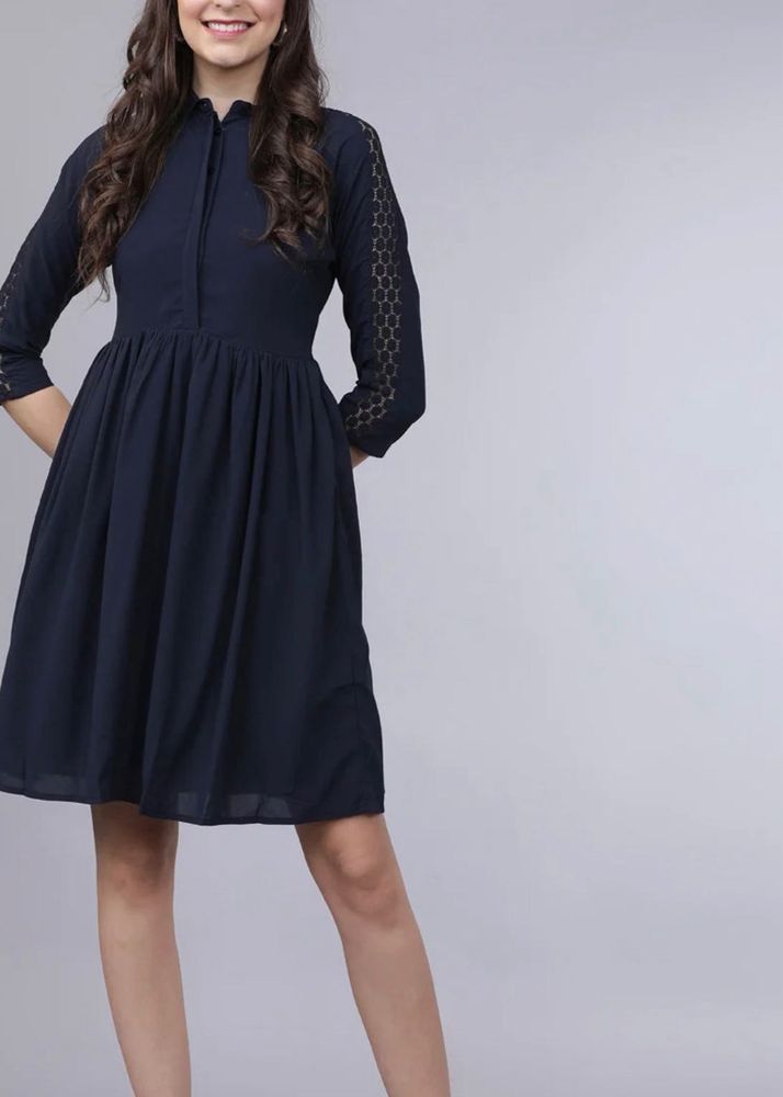 Navy Blue Dress with Lace Sleeves