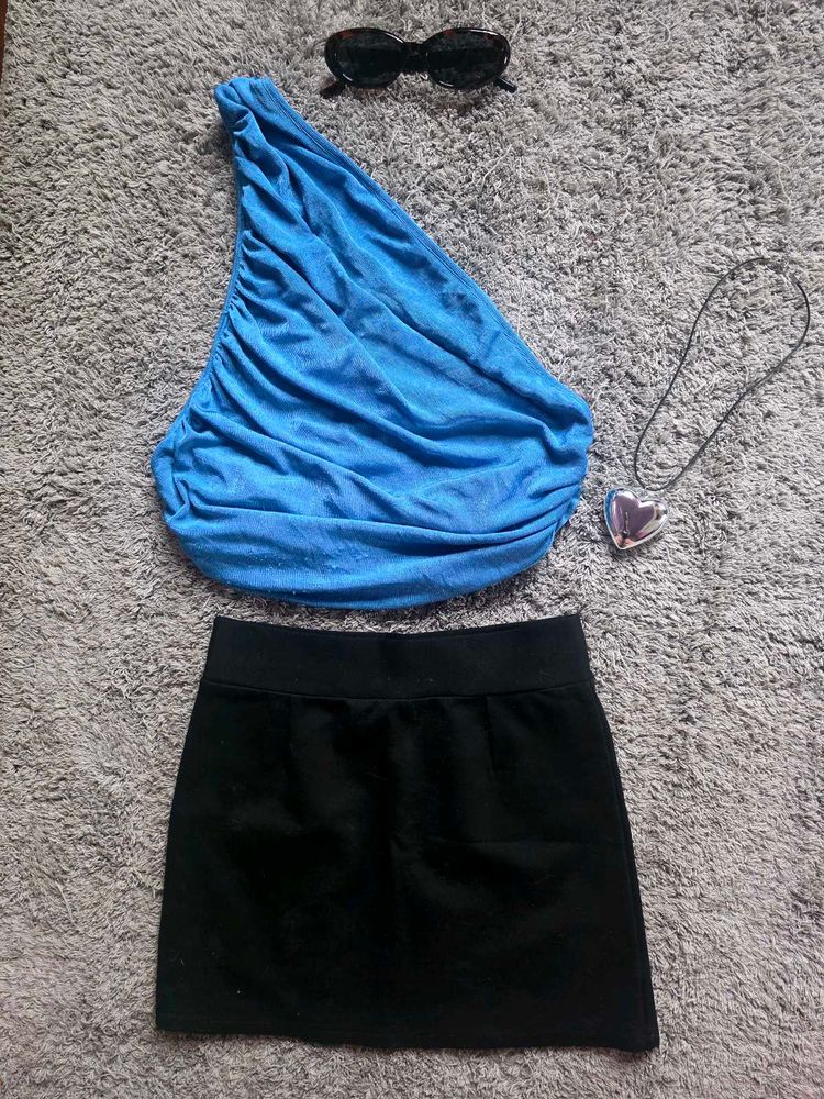 Blue One-Shoulder Ruched Dress