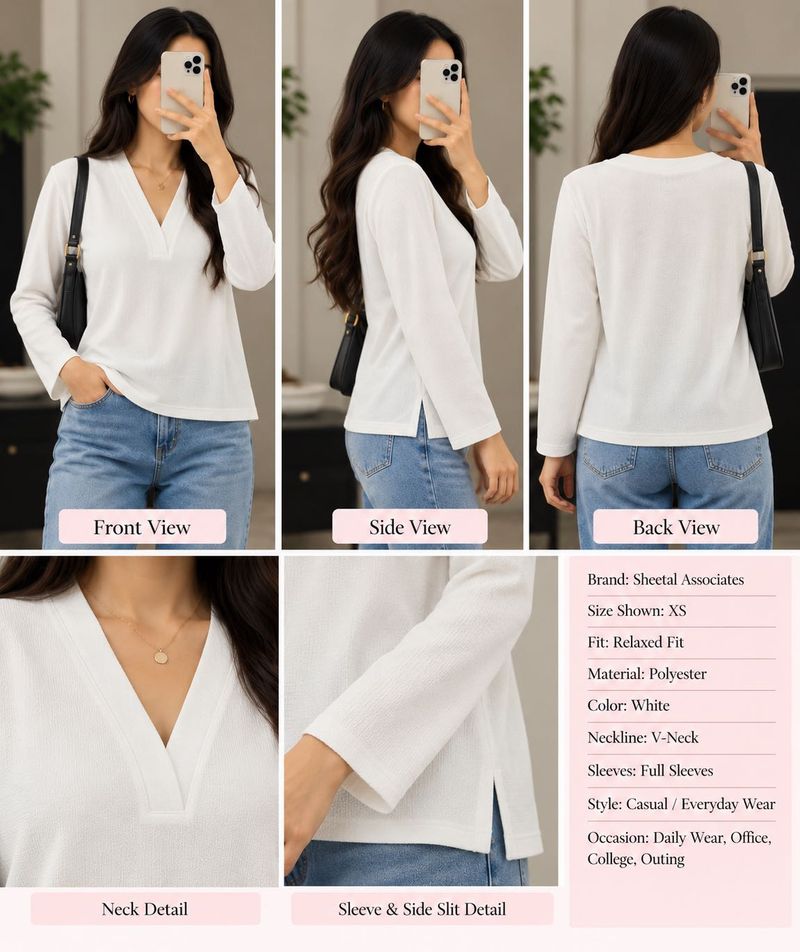 White V-Neck Long Sleeve Relaxed Fit Top