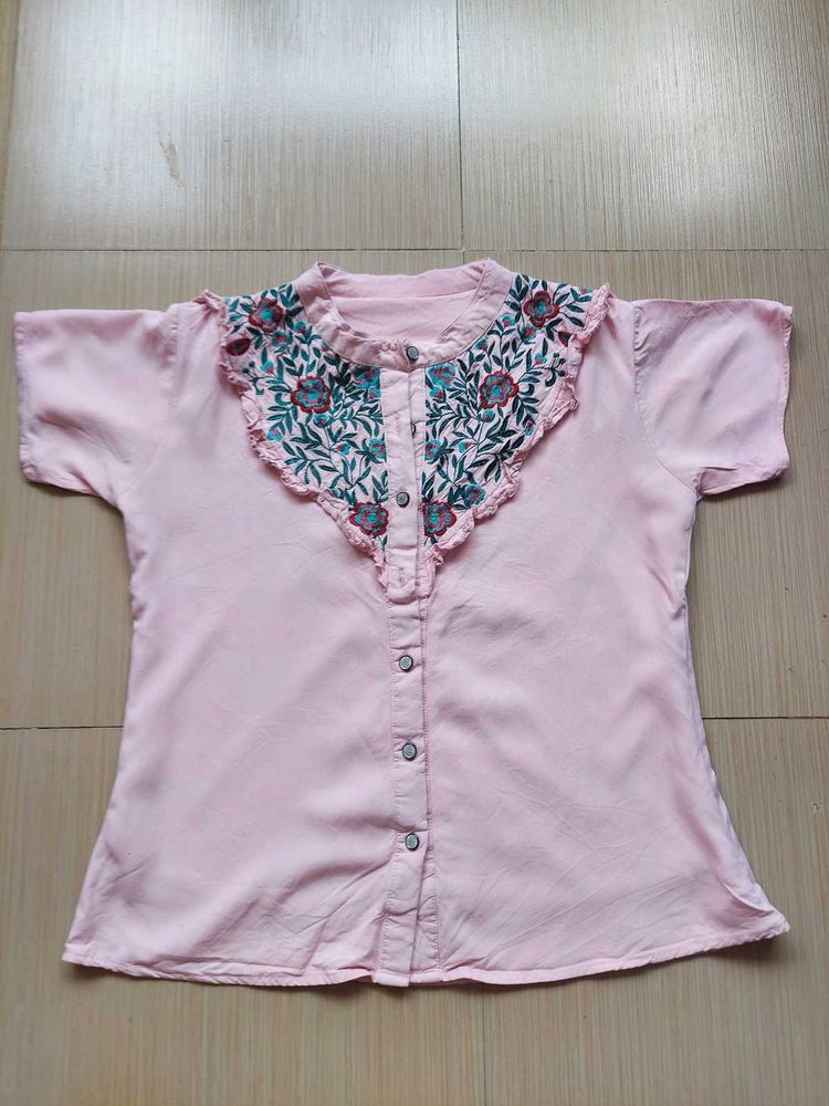 Pink Embroidered Collared Blouse