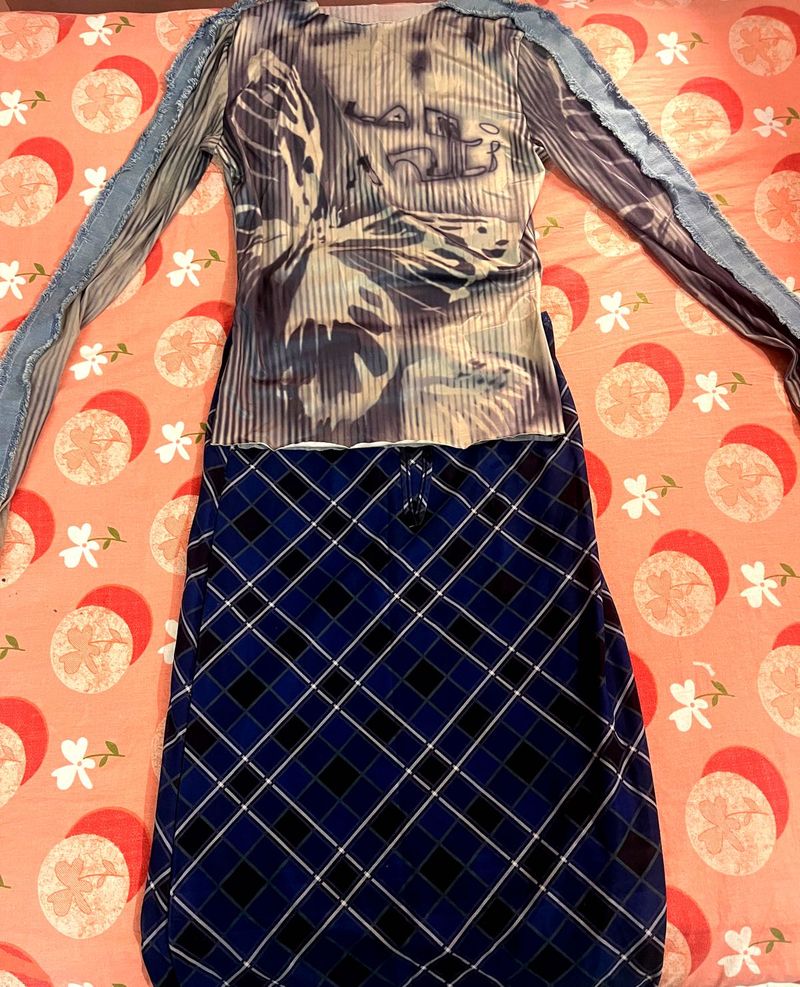 Newme Graphic Print Long mesh top with skirt