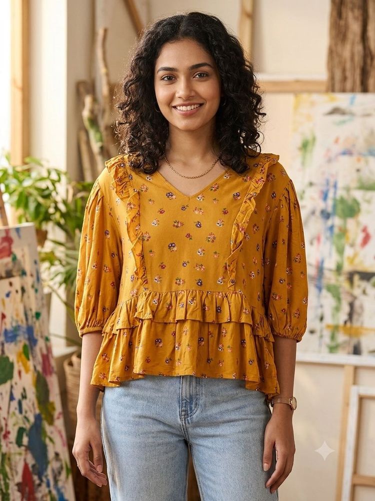 Mustard Floral Tiered Ruffle Top