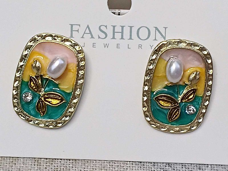Unique Enamel Floral Earrings with Pearl Accent