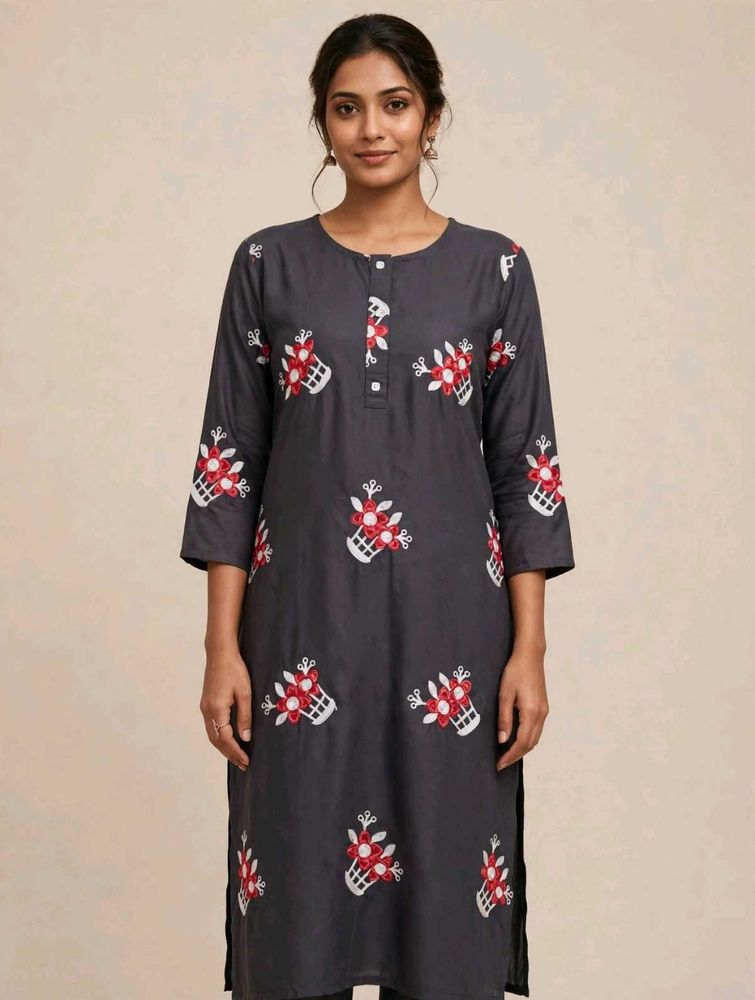 stylish grey cotton kurta - Red and white floral E