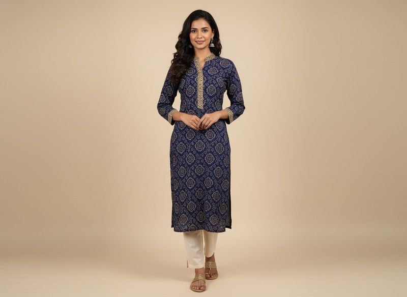 Elegant Blue Kurti with Traditional Motifs