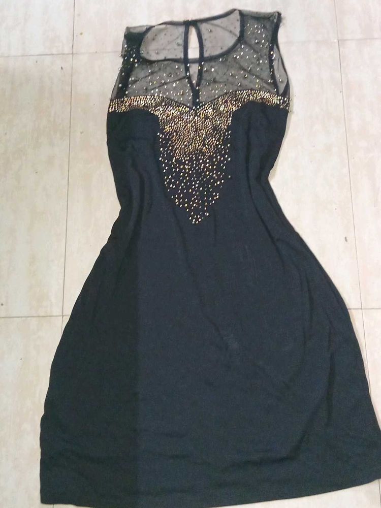 Black Embellished Sheer Neck Dress