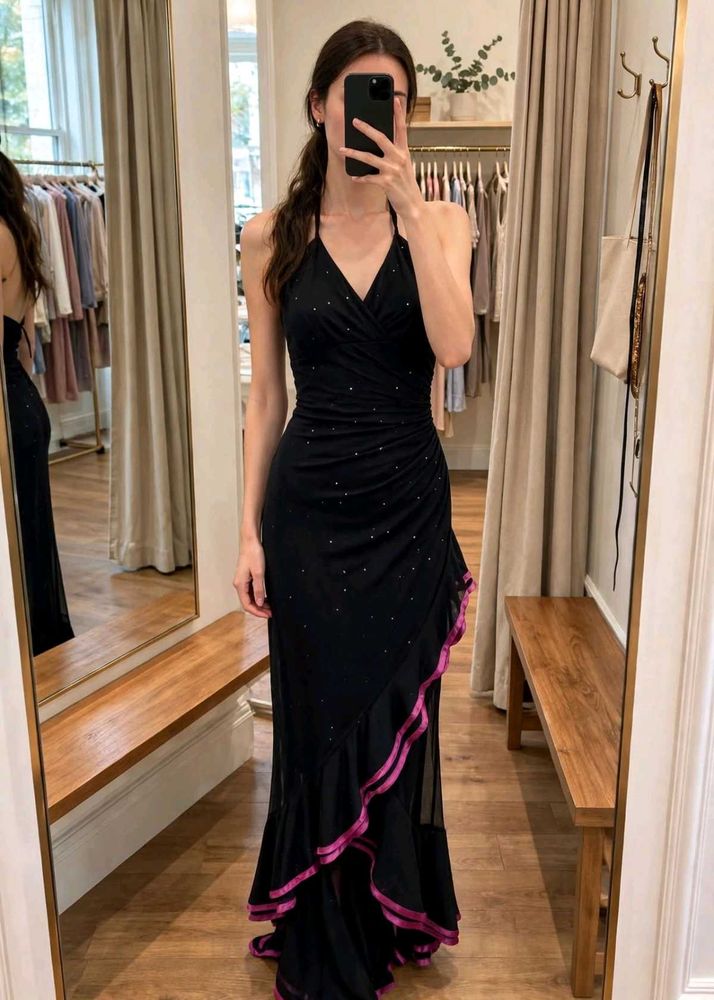 Y2k Halter, Black and Pink Ruffle V-Neck Dress
