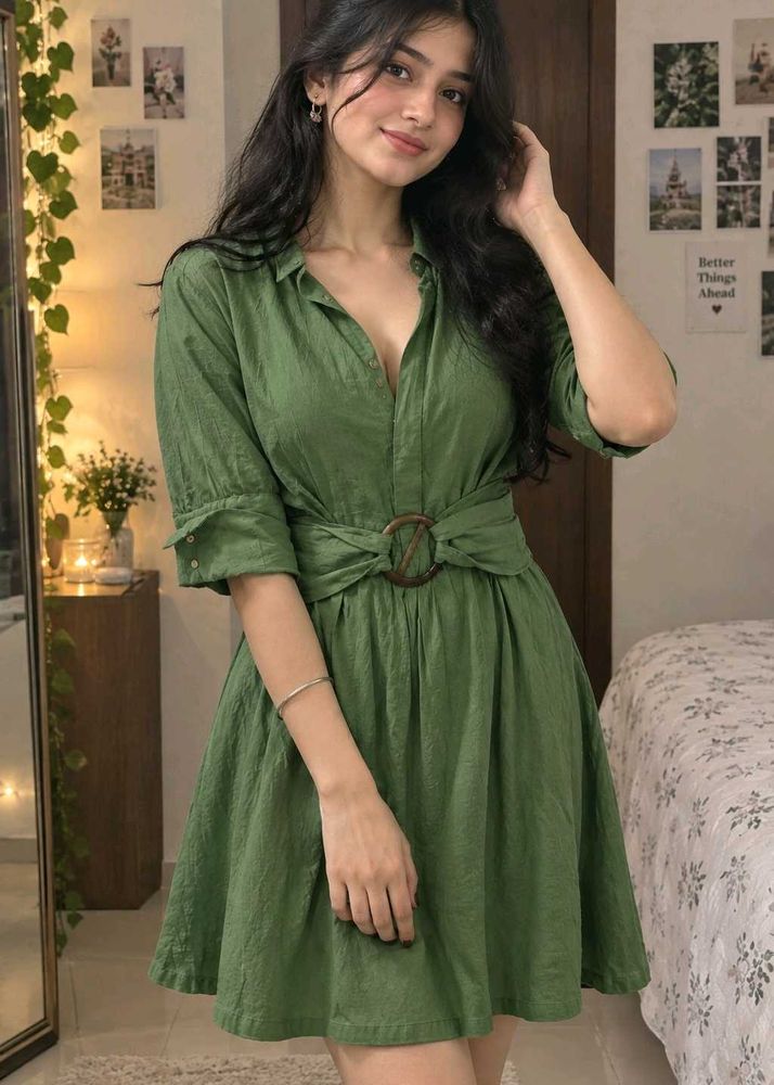 Chic Green Shirt Dress with Belt