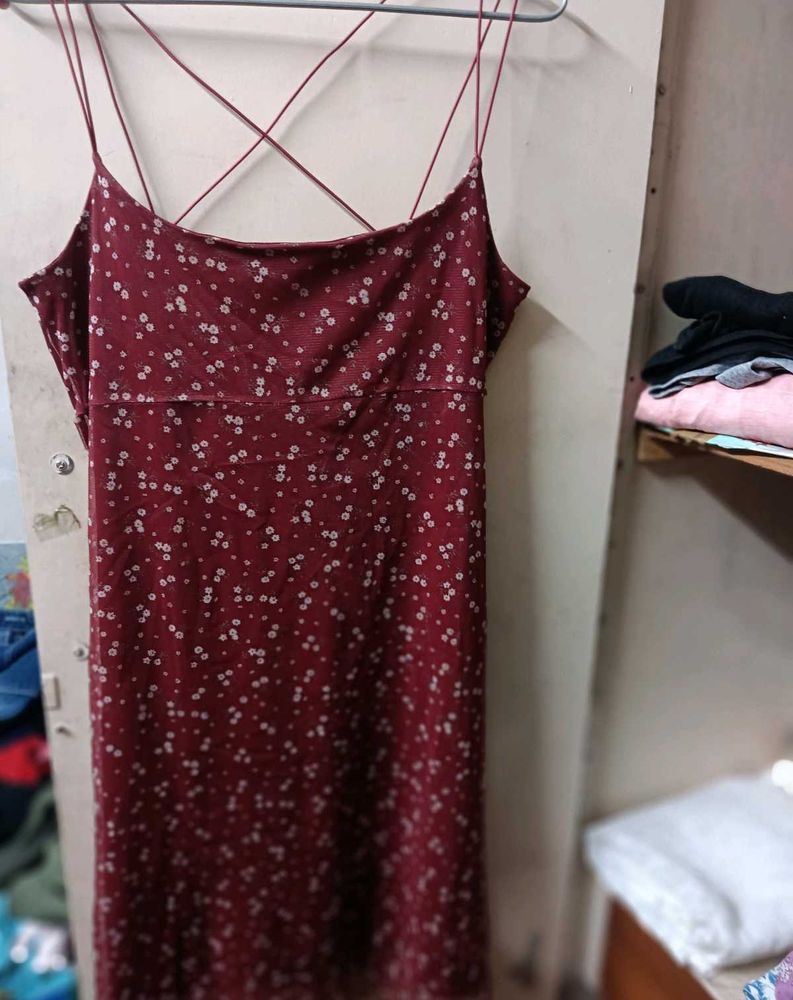 Burgundy Floral Print Spaghetti Strap Dress