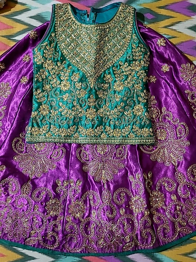 Gorgeous Green And Purple Ethnic Ghagra For Girl