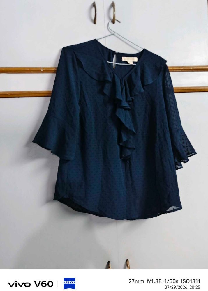 Elegant Navy Blue Ruffled Blouse