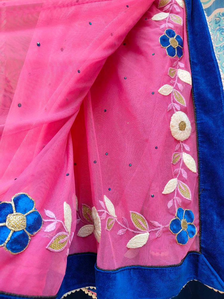 Pink Net Saree with Floral Embroidery