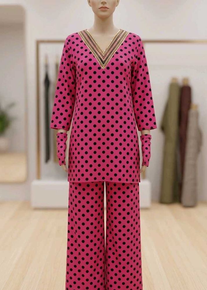 dark Pink Polka Dot Kurta Set with Pants