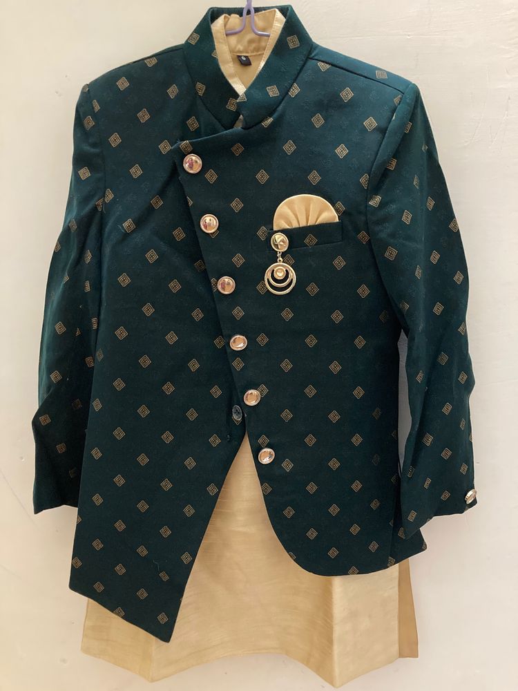 Boys 3 Piece Sherwani Green And Golden