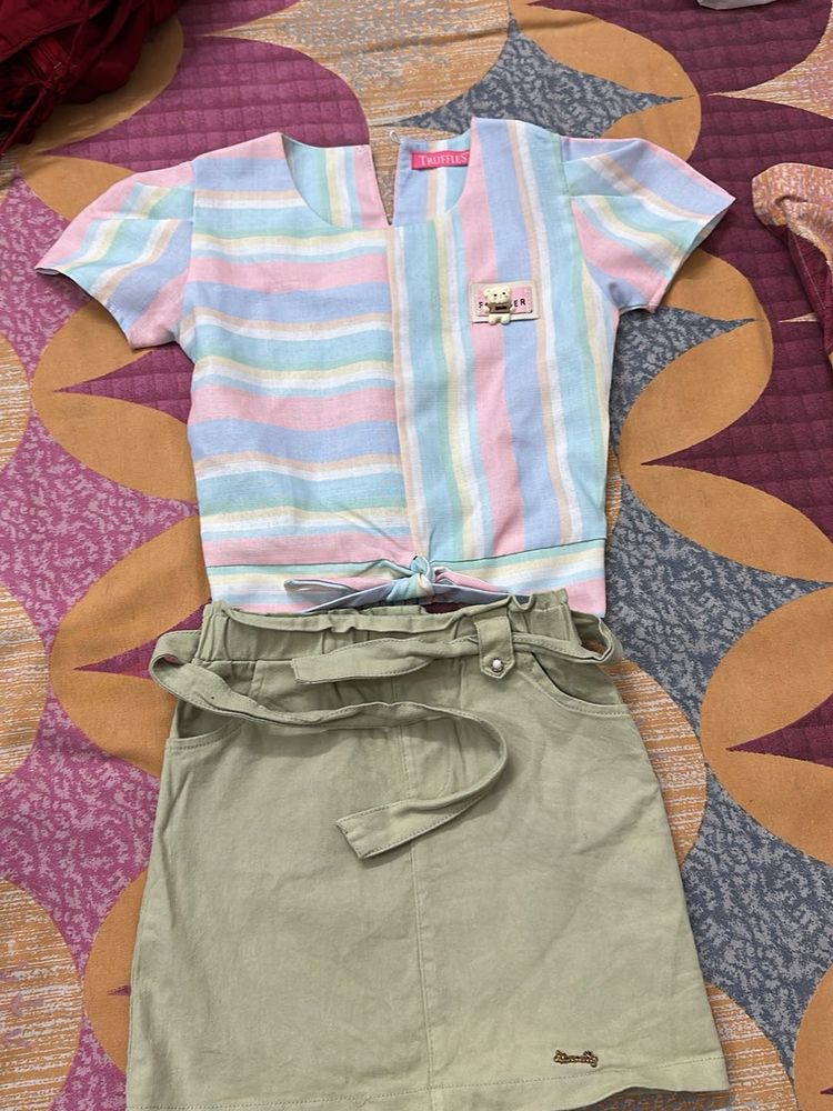 Striped Top &amp; Khaki Skirt Set
