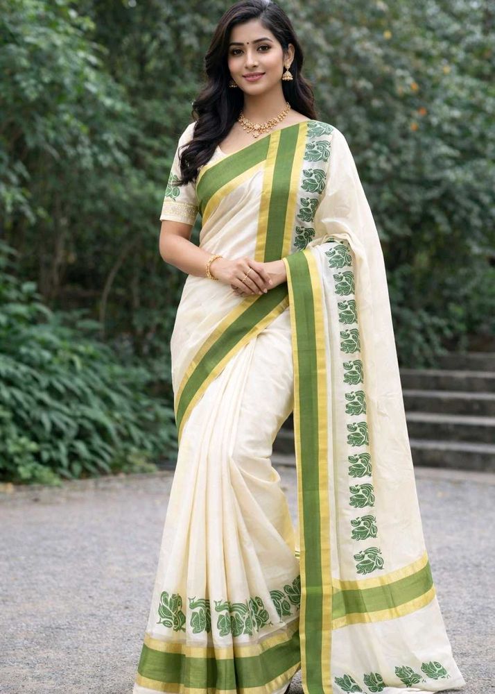 Handloom Saree Golden Kasavu. Blouse Attached