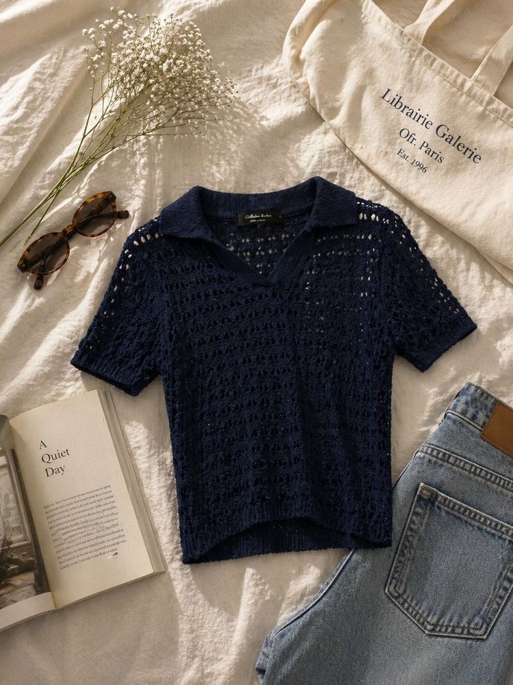 Navy Blue Crochet Polo Top
