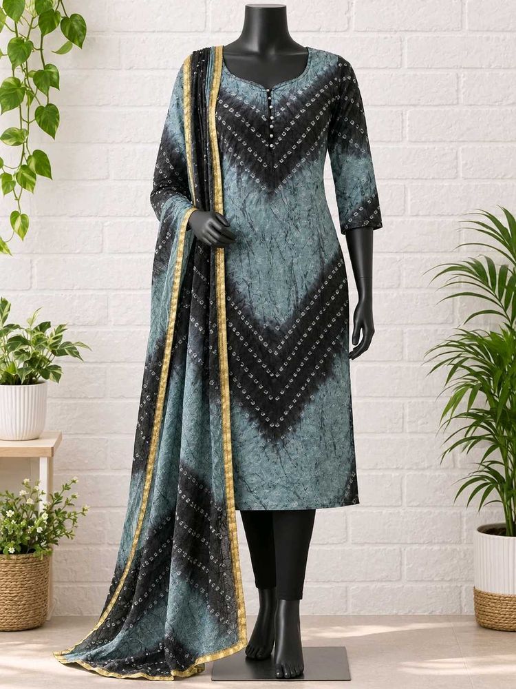 Elegant Teal &amp; Black Bandhani Kurta Set
