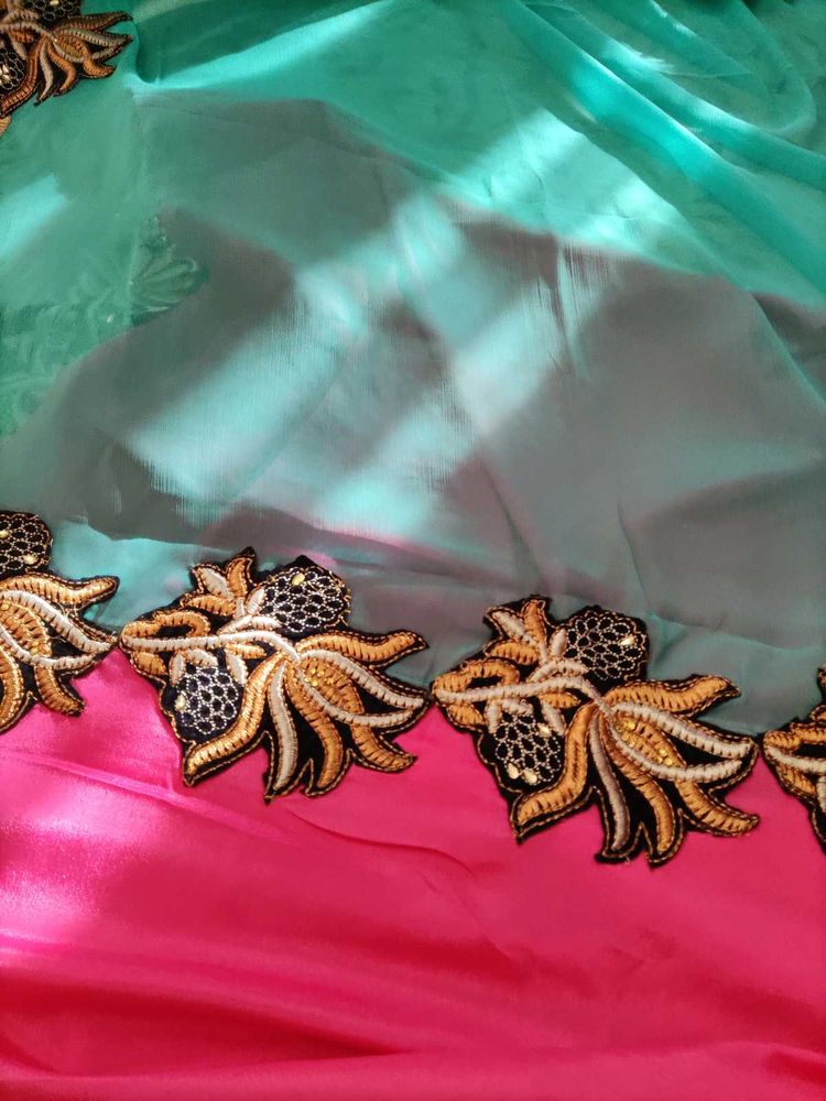 Embroidered Teal and Pink Saree