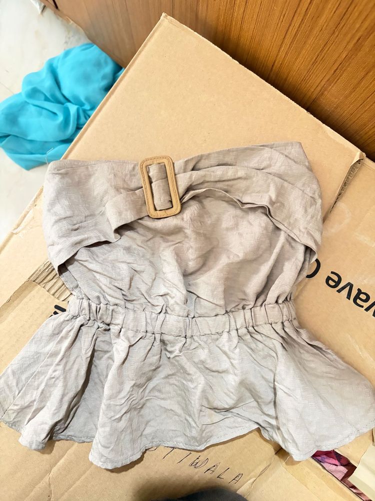 Beige Strapless Peplum Top with Buckle Detail - Li