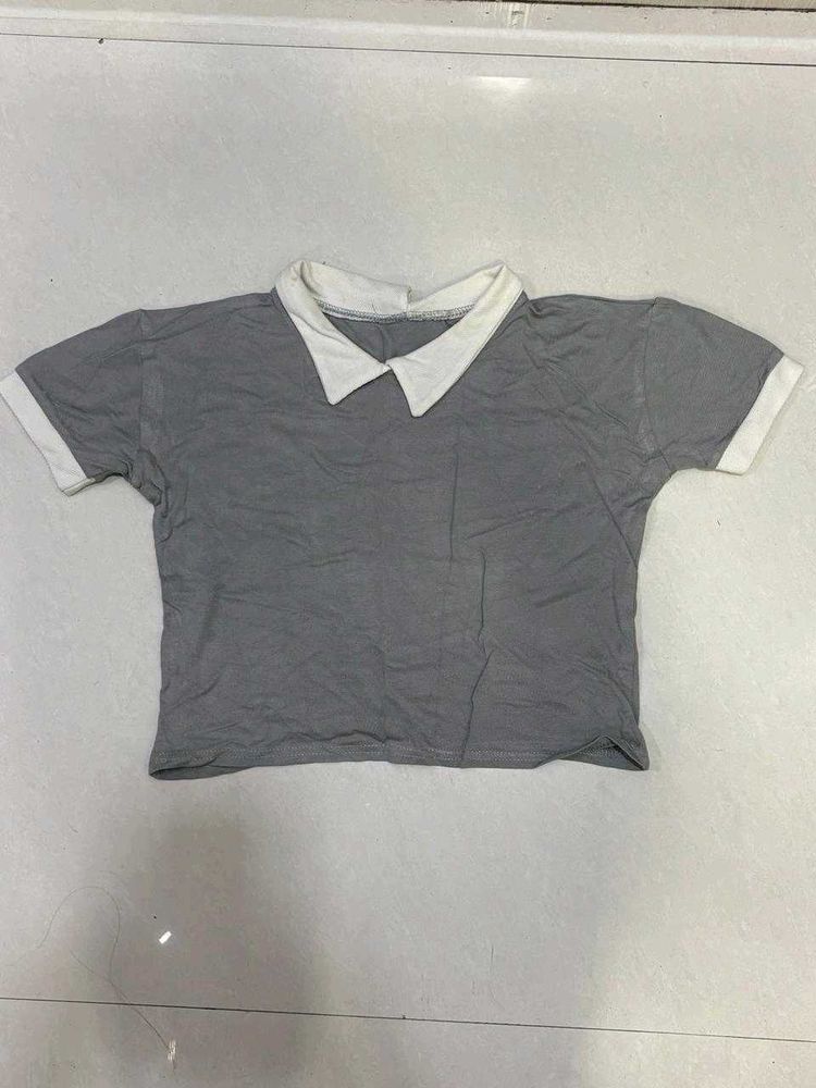 Grey Collared Crop Top