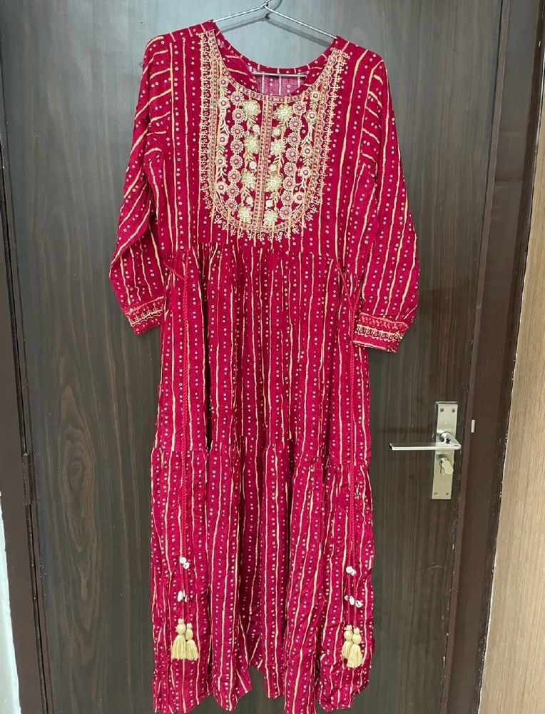 Pink Embroidered Striped Kurti