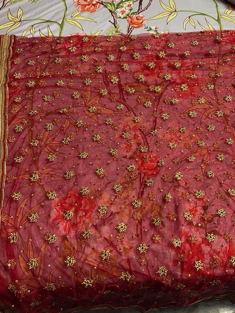 Red Embroidered Dupatta with Floral Print
