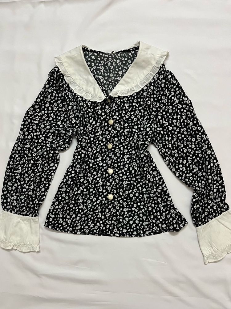 Big collar floral print Korean top